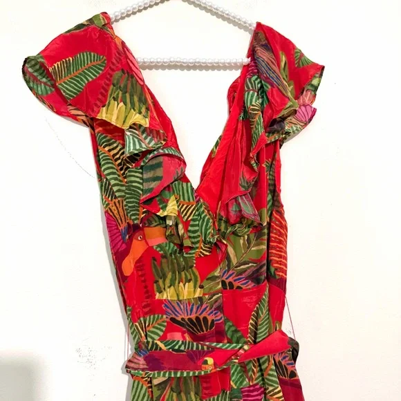 Farm Rio Belted Ruffle Crepe Red Parrot Jungle Print Midi Dress SIZE XL - Picture 9 of 9
